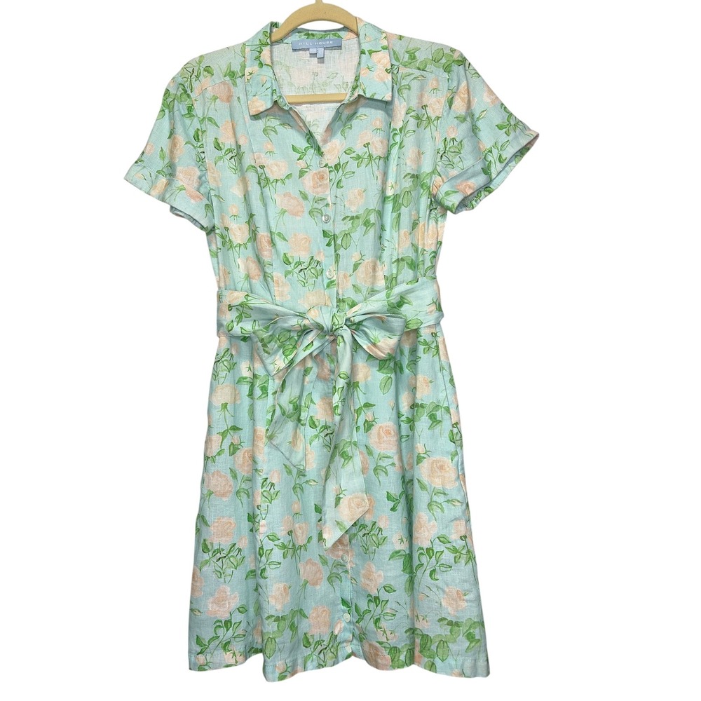 Hill House Mint Green Pink Rose Floral 100% Linen Shirt Dress Belted XS